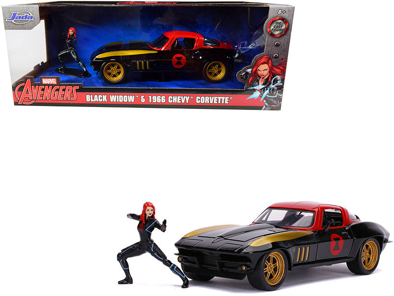 1966 Chevrolet Corvette with Black Widow Diecast Figurine "Avengers" "Marvel" Series 1/24 Diecast Model Car by Jada-0