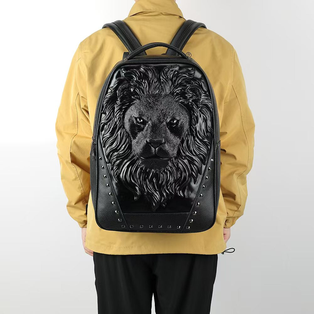 3D Leather Backpack 3D Lion Head Modeling outdoor Backpack Travel Computer Bags Large-6