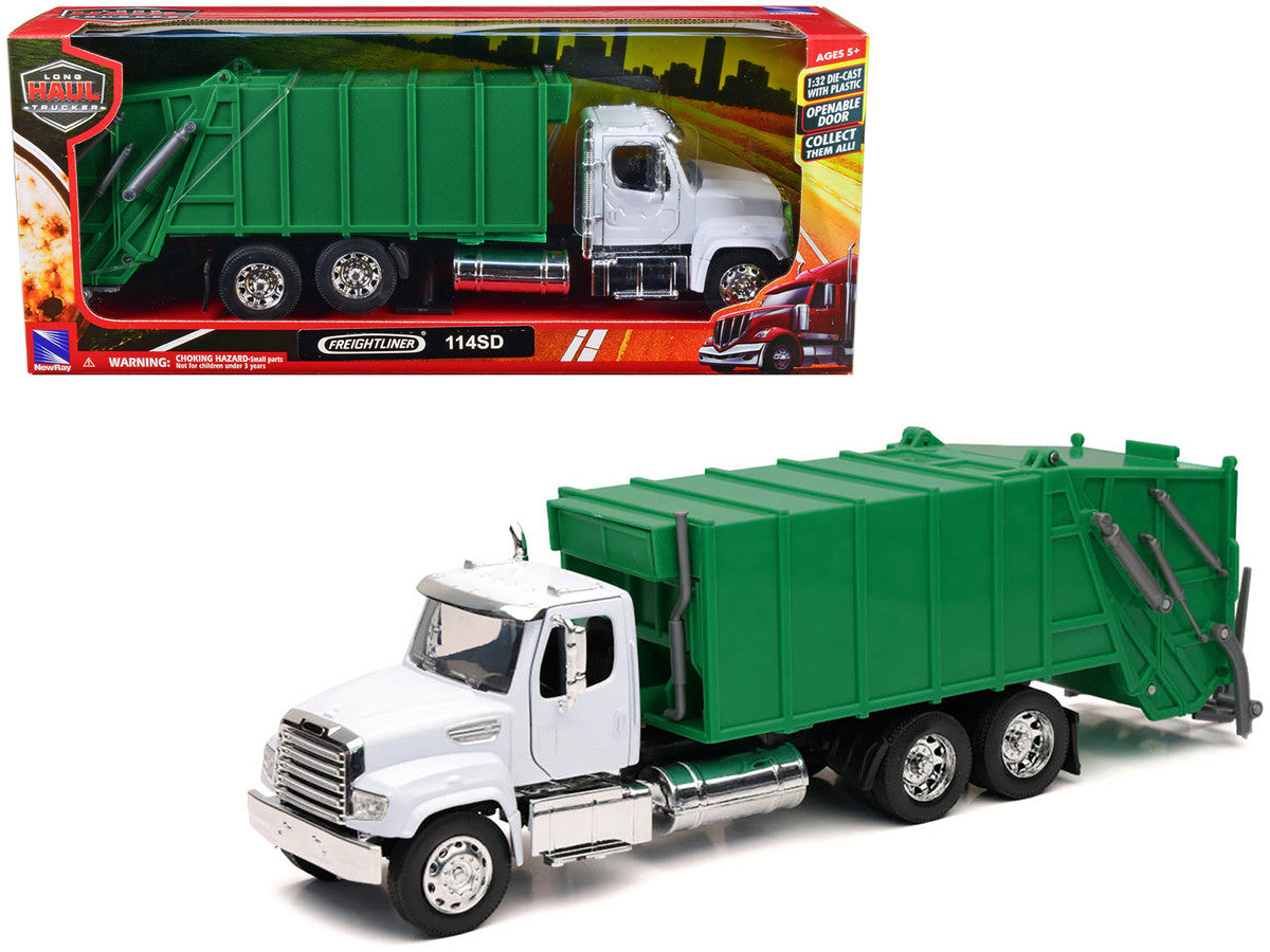 Freightliner 114SD Garbage Truck White and Green "Long Haul Trucker" Series 1/32 Diecast Model by New Ray-0