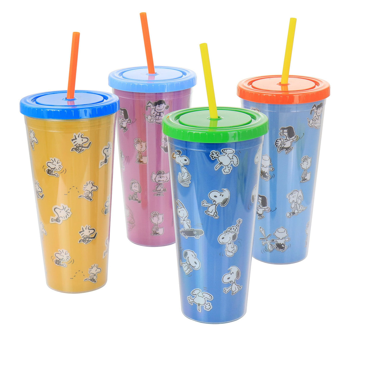 Gibson Peanuts 70th Anniversary 4 Piece Plastic 23.6oz Tumbler set with Lid and Straw in Assorted C-0