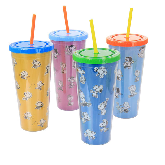 Gibson Peanuts 70th Anniversary 4 Piece Plastic 23.6oz Tumbler set with Lid and Straw in Assorted C-0