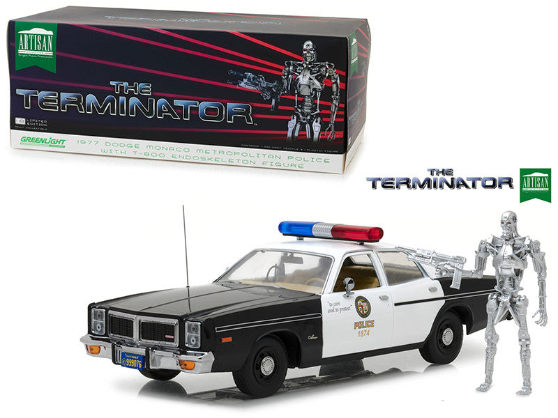 1977 Dodge Monaco Metropolitan Police with T-800 Endoskeleton Figurine "The Terminator" (1984) Movie 1/18 Diecast Model Car by Greenlight-0