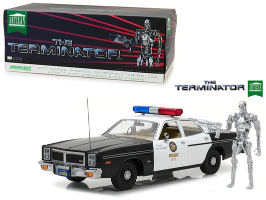 1977 Dodge Monaco Metropolitan Police with T-800 Endoskeleton Figurine "The Terminator" (1984) Movie 1/18 Diecast Model Car by Greenlight-0