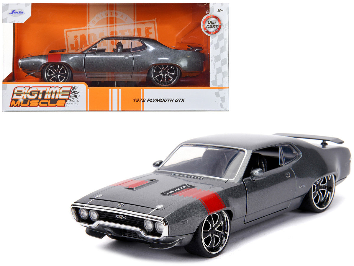 1972 Plymouth GTX 440 Metallic Gray with Red Stripe "Bigtime Muscle" 1/24 Diecast Model Car by Jada-0
