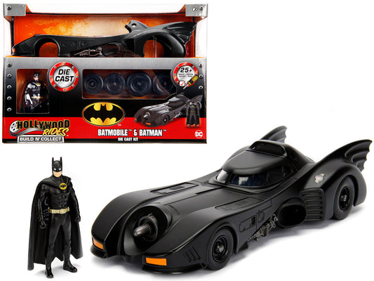 Model Kit Batmobile Matt Black with Batman Diecast Figurine "Batman" (1989) Movie "Build N' Collect" 1/24 Diecast Model Car by Jada-0