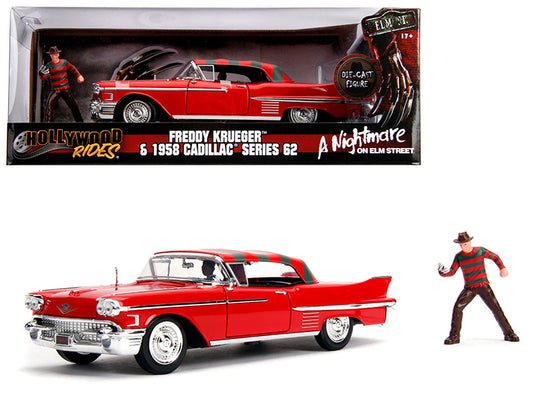 1958 Cadillac Series 62 Red with Freddy Krueger Diecast Figurine "A Nightmare on Elm Street" Movie 1/24 Diecast Model Car by Jada-0