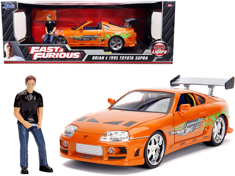 1995 Toyota Supra Orange Metallic with Lights and Brian Figurine "Fast & Furious" Movie 1/18 Diecast Model Car by Jada-0