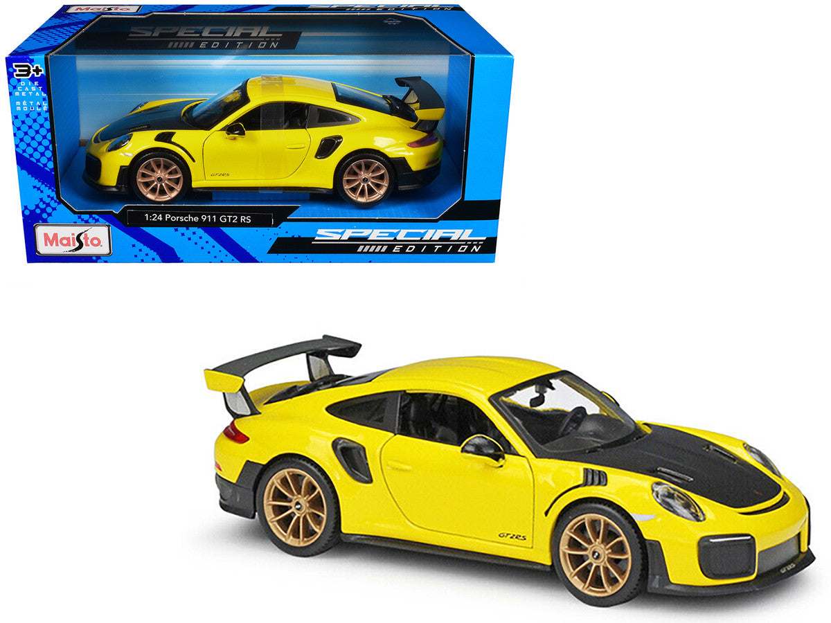 Porsche 911 GT2 RS Yellow with Carbon Hood and Gold Wheels "Special Edition" 1/24 Diecast Model Car by Maisto-0