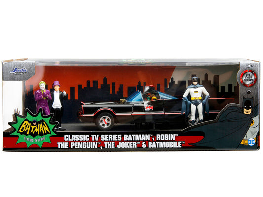 1966 Classic Batmobile with Diecast Batman The Joker The Penguin and Plastic Robin Sitting Inside The Car "Batman" TV Series (1966) "Hollywood Rides" Series 1/24 Diecast Model Car by Jada-0