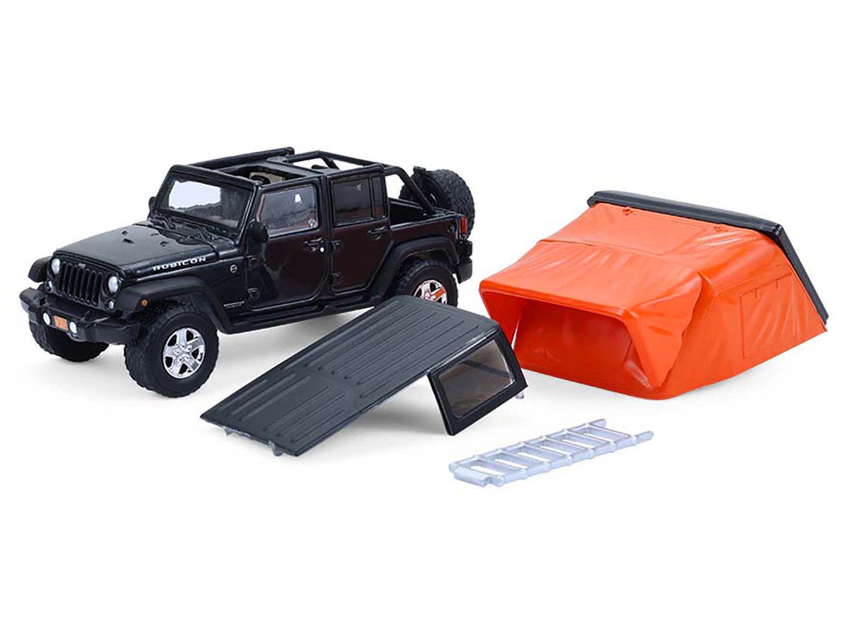 2008 Jeep Wrangler Unlimited Rubicon Dark Charcoal with Modern Rooftop Camper "The Great Outdoors" Series 4 1/64 Diecast Model Car by Greenlight-0
