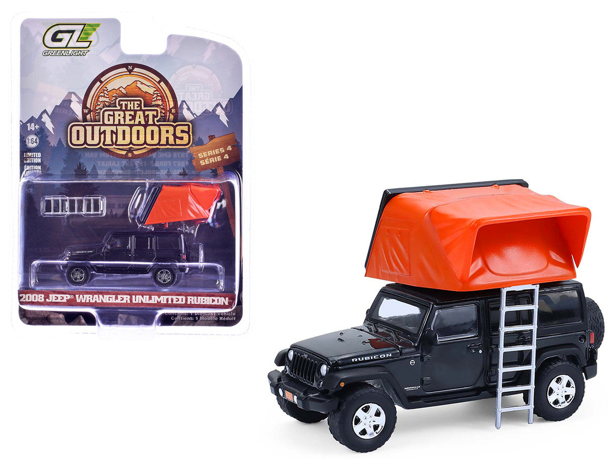 2008 Jeep Wrangler Unlimited Rubicon Dark Charcoal with Modern Rooftop Camper "The Great Outdoors" Series 4 1/64 Diecast Model Car by Greenlight-4