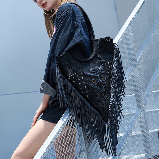 3D Backpack 3D PU Leather Studded Heart Skull Tassle Cross Body Punk Bag,-0