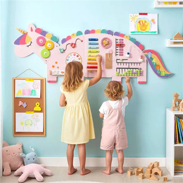 Pink Dinosaur 11-in-1 Activity Wall Panel – Wooden Sensory Busy Board