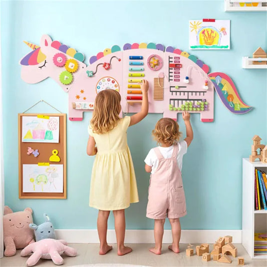 Pink Dinosaur 11-in-1 Activity Wall Panel – Wooden Sensory Busy Board