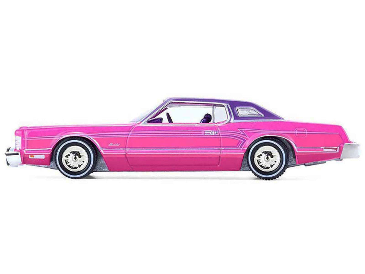 1975 Ford Thunderbird Lowrider Pink Metallic with Purple Top and Graphics with Purple Interior "California Lowriders" Series 7 1/64 Diecast Model Car by Greenlight-0