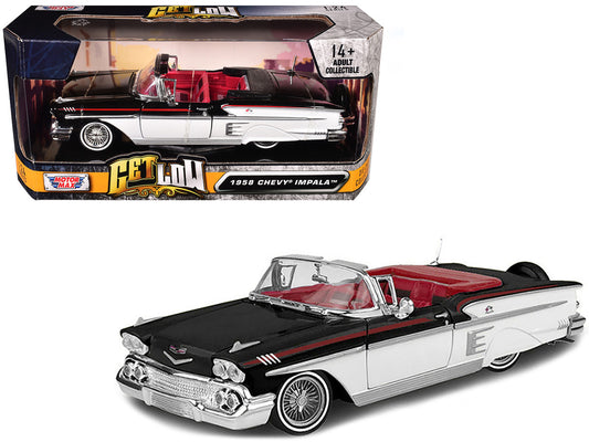 1958 Chevrolet Impala Convertible Lowrider Black and White with Red Interior "Get Low" Series 1/24 Diecast Model Car by Motormax-0