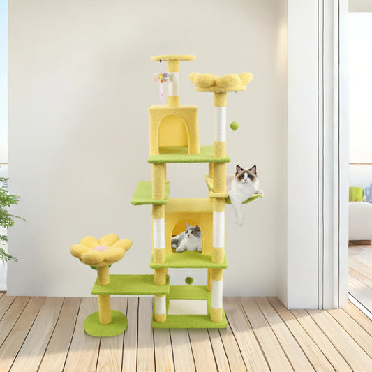 71" Cat Tree with Condo, Hammock & Removable Flower Cushion – Yellow