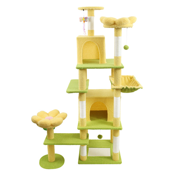 71" Cat Tree with Condo, Hammock & Removable Flower Cushion – Yellow
