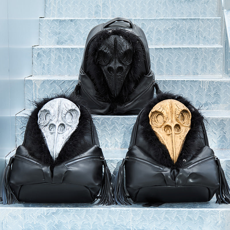 3D Backpack 3D  PU Leather Beak Skull With Feather Computer Backpack-0