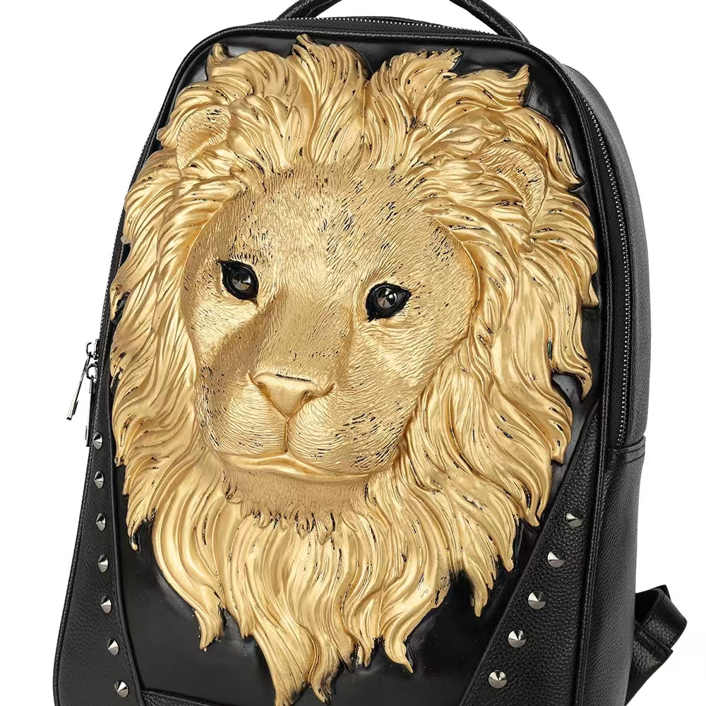 3D Leather Backpack 3D Lion Head Modeling outdoor Backpack Travel Computer Bags Large-1