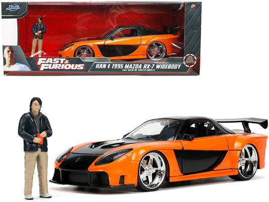 1995 Mazda RX-7 Widebody RHD (Right Hand Drive) Orange Metallic and Black with Han Diecast Figurine "The Fast and the Furious: Tokyo Drift" (2006) Movie 1/24 Diecast Model Car by Jada-0