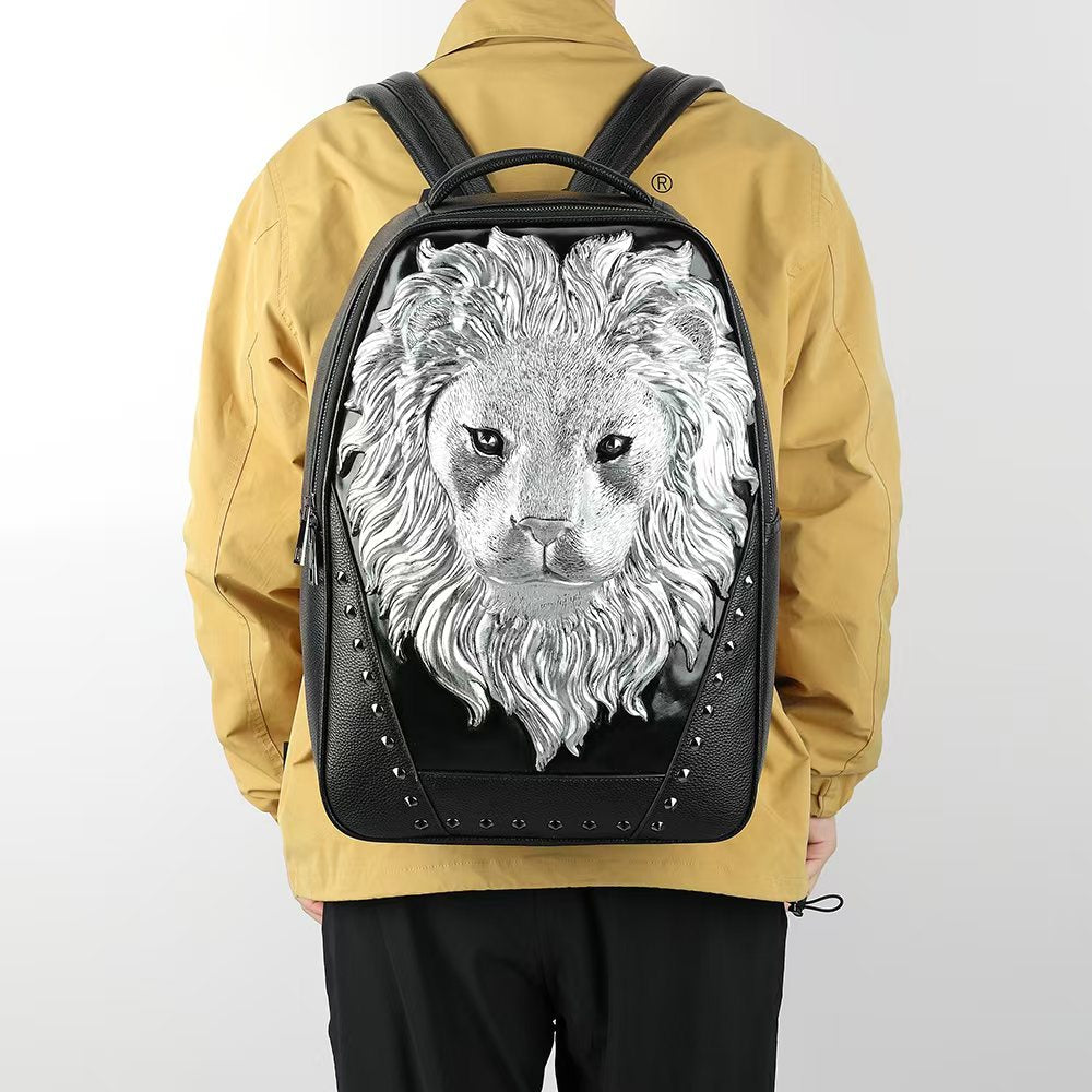 3D Leather Backpack 3D Lion Head Modeling outdoor Backpack Travel Computer Bags Small-5