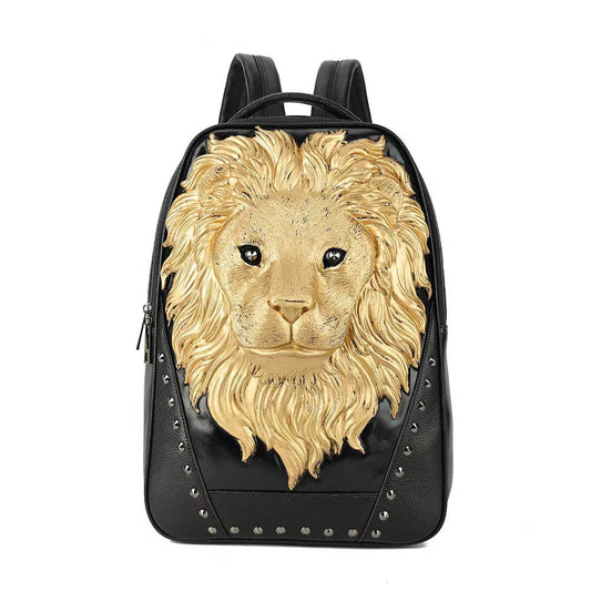 3D Leather Backpack 3D Lion Head Modeling outdoor Backpack Travel Computer Bags Large-0