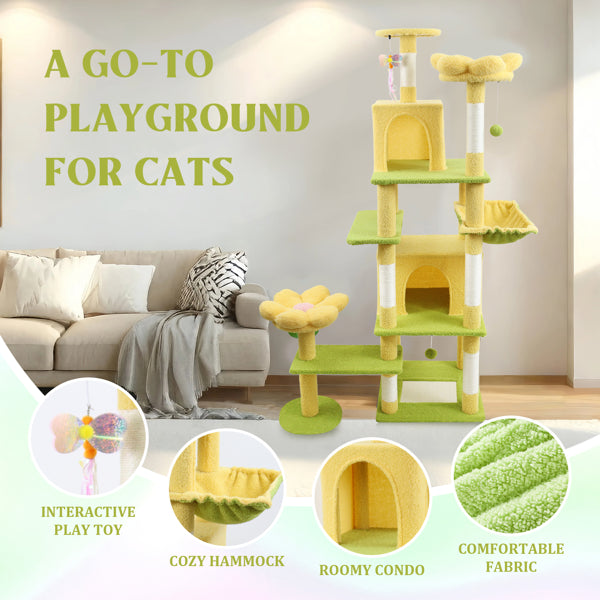 71" Cat Tree with Condo, Hammock & Removable Flower Cushion – Yellow