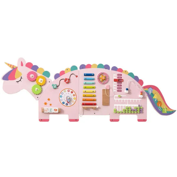 Pink Dinosaur 11-in-1 Activity Wall Panel – Wooden Sensory Busy Board