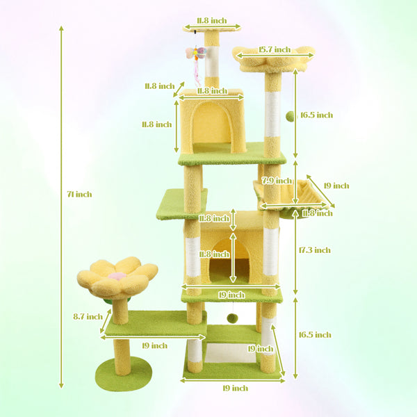 71" Cat Tree with Condo, Hammock & Removable Flower Cushion – Yellow