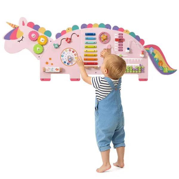 Pink Dinosaur 11-in-1 Activity Wall Panel – Wooden Sensory Busy Board