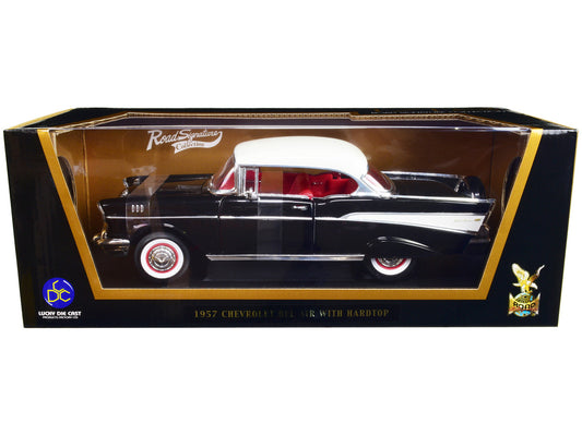 1957 Chevrolet Bel Air Hardtop Black with White Top and Red Interior 1/18 Diecast Model Car by Road Signature-0